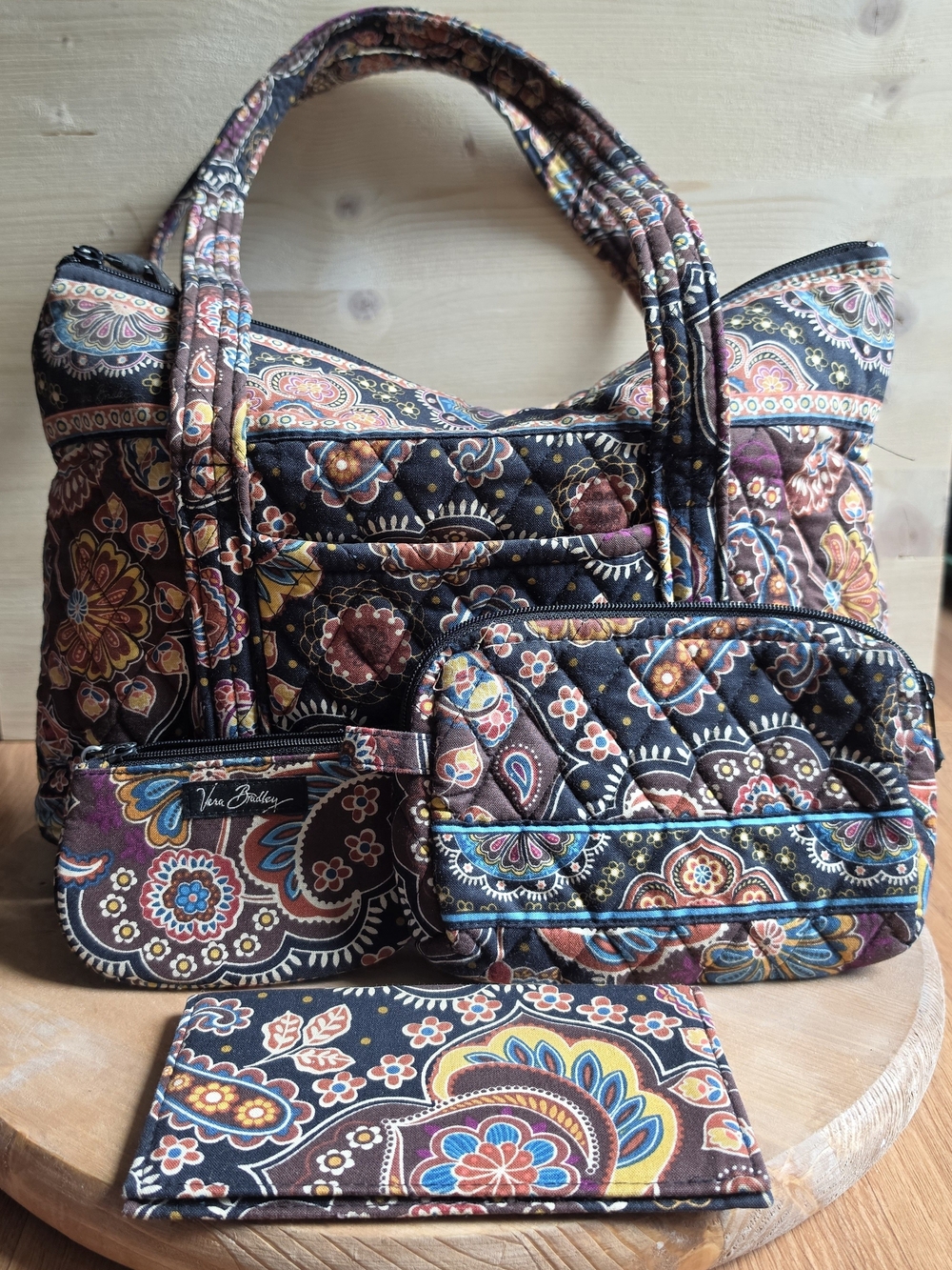 Vintage Vera Bradley Brown Paisley Quilted Tote Bag with Matching Accessories